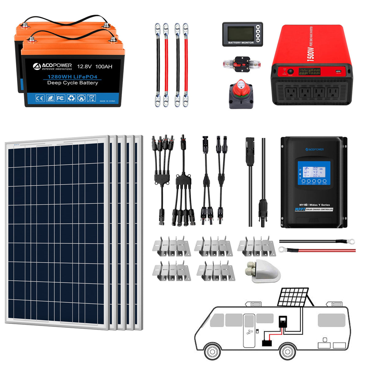 ACOPOWER - Lithium Battery Poly Solar Power Complete System with Battery and Inverter for RV Boat 12V Off Grid Kit
