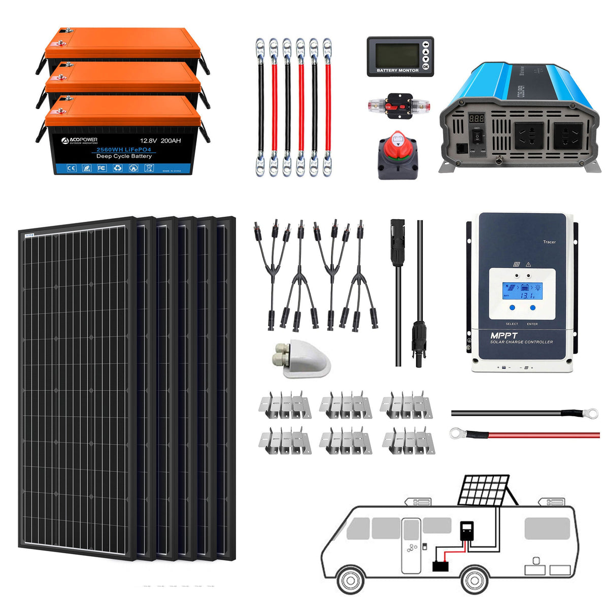 ACOPOWER - Lithium Battery Mono Solar Power Complete System with Battery and Inverter for RV Boat 12V Off Grid Kit