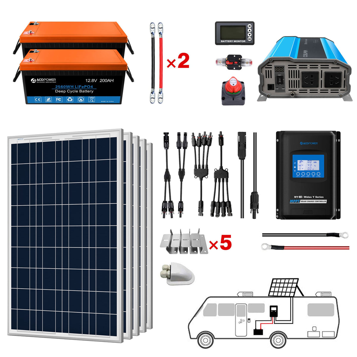 ACOPOWER - Lithium Battery Poly Solar Power Complete System with Battery and Inverter for RV Boat 12V Off Grid Kit