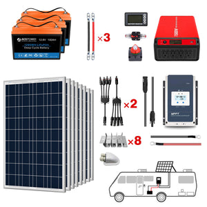 ACOPOWER - Lithium Battery Poly Solar Power Complete System with Battery and Inverter for RV Boat 12V Off Grid Kit