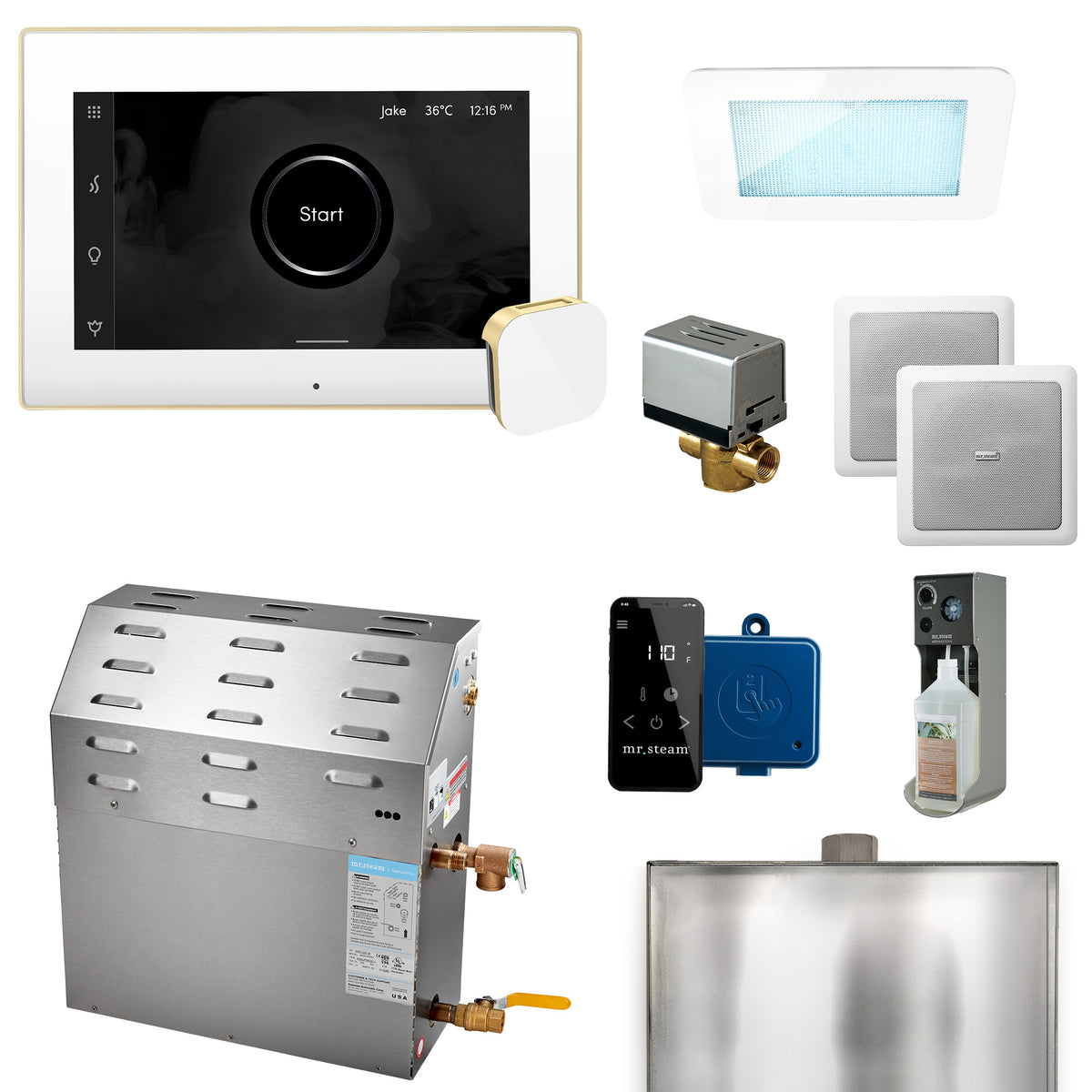 MrSteam - Super (XDream) 10000-Watt Steam Generator with iSteamX Control and Aroma Glass Steamhead in White Satin Brass