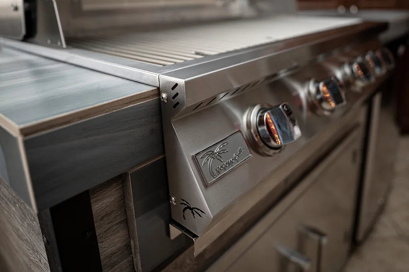 KoKoMo - Elite 6&#39; BBQ Island With Built In BBQ Grill Drift Wood Look Siding 30 Inch Doors