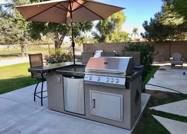 KoKoMo - St. John 7&#39;6&quot; BBQ Island W High Bar on three sides and Lights 4 Burner BBQ Grill