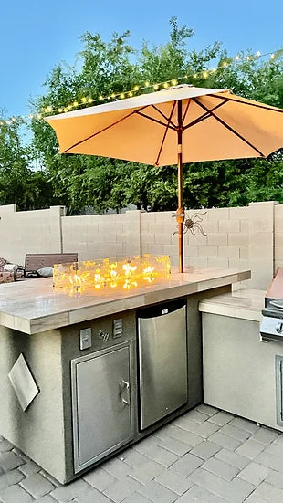 KoKoMo - Baja/Fire L-Shaped BBQ Island with Fire-pit, 4 Burner BBQ, Outdoor Refrigerator