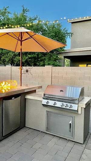 KoKoMo - Baja/Fire L-Shaped BBQ Island with Fire-pit, 4 Burner BBQ, Outdoor Refrigerator