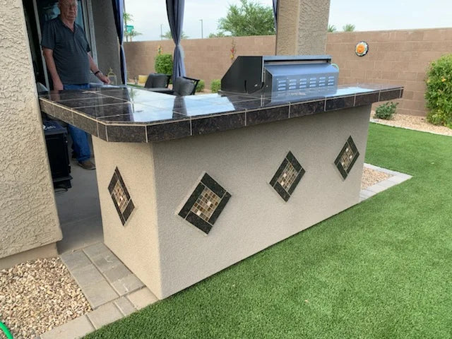 KoKoMo - St. John 7&#39;6&quot; BBQ Island W High Bar on three sides and Lights 4 Burner BBQ Grill