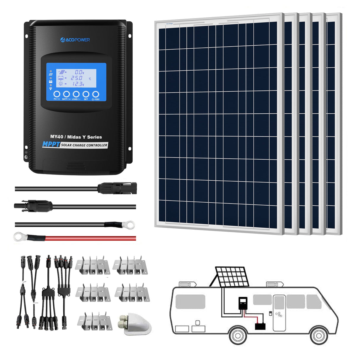 ACOPOWER - 500W 12V  Poly Solar RV Kits, 40A MPPT Charge Controller