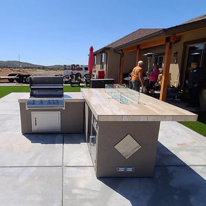 KoKoMo - Baja/Fire L-Shaped BBQ Island with Fire-pit, 4 Burner BBQ, Outdoor Refrigerator
