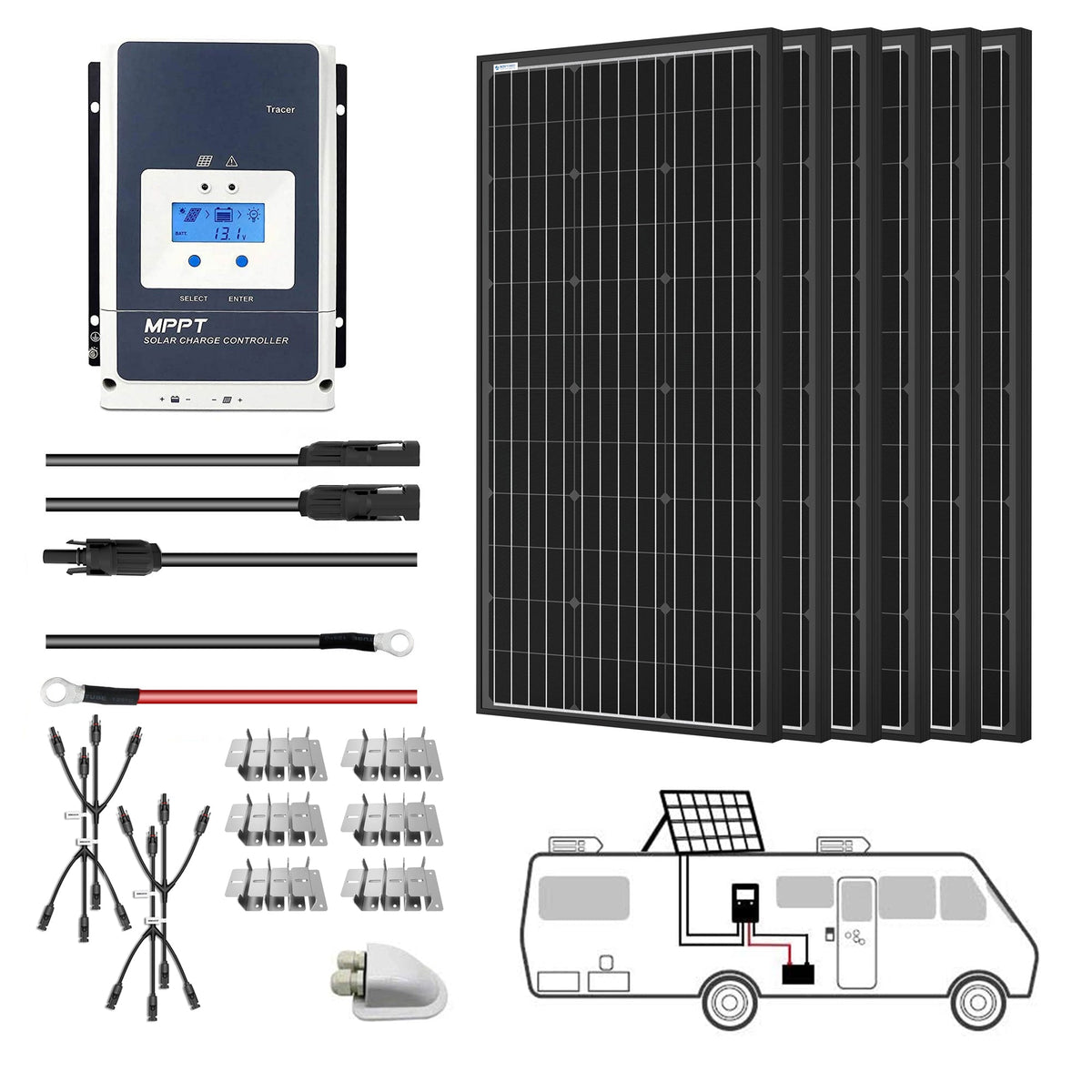 ACOPOWER - 600W Mono Solar RV Kits,  50A MPPT Charge Controller (6x100W 50A)
