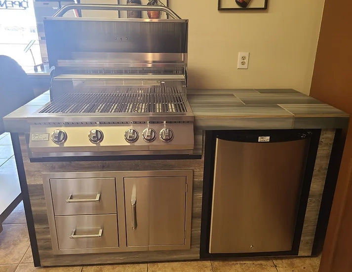 KoKoMo - Elite 6&#39; BBQ Island With Built In BBQ Grill Drift Wood Look Siding 30 Inch Doors