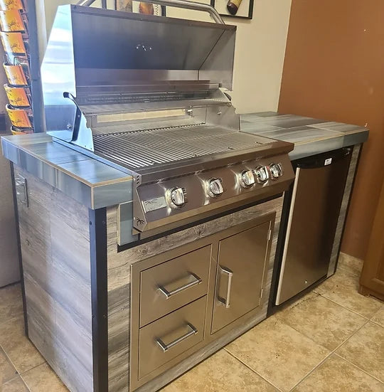 KoKoMo - Elite 6&#39; BBQ Island With Built In BBQ Grill Drift Wood Look Siding 30 Inch Doors