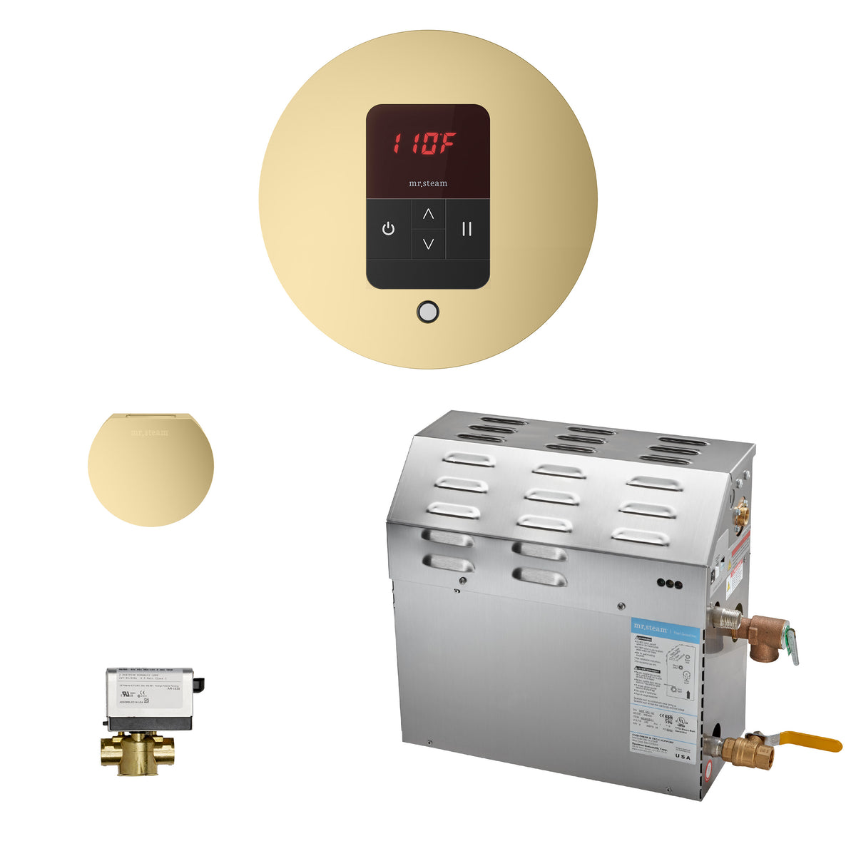 MrSteam - MS (iTempo) 9 kW (9000 W) Steam Shower Generator Package with iTempo Control in Round Satin Brass