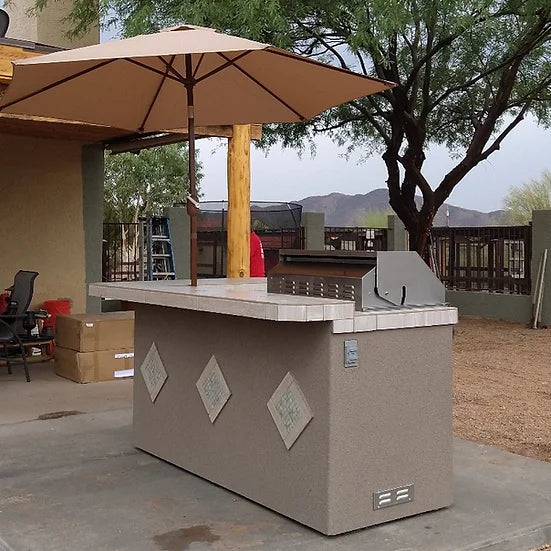 KoKoMo - St. John 7&#39;6&quot; BBQ Island W High Bar on three sides and Lights 4 Burner BBQ Grill