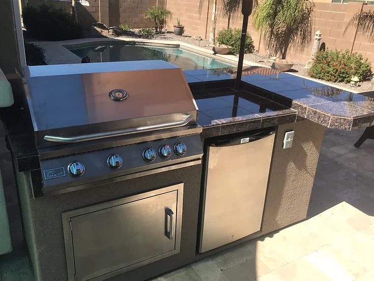 KoKoMo - St. John 7&#39;6&quot; BBQ Island W High Bar on three sides and Lights 4 Burner BBQ Grill