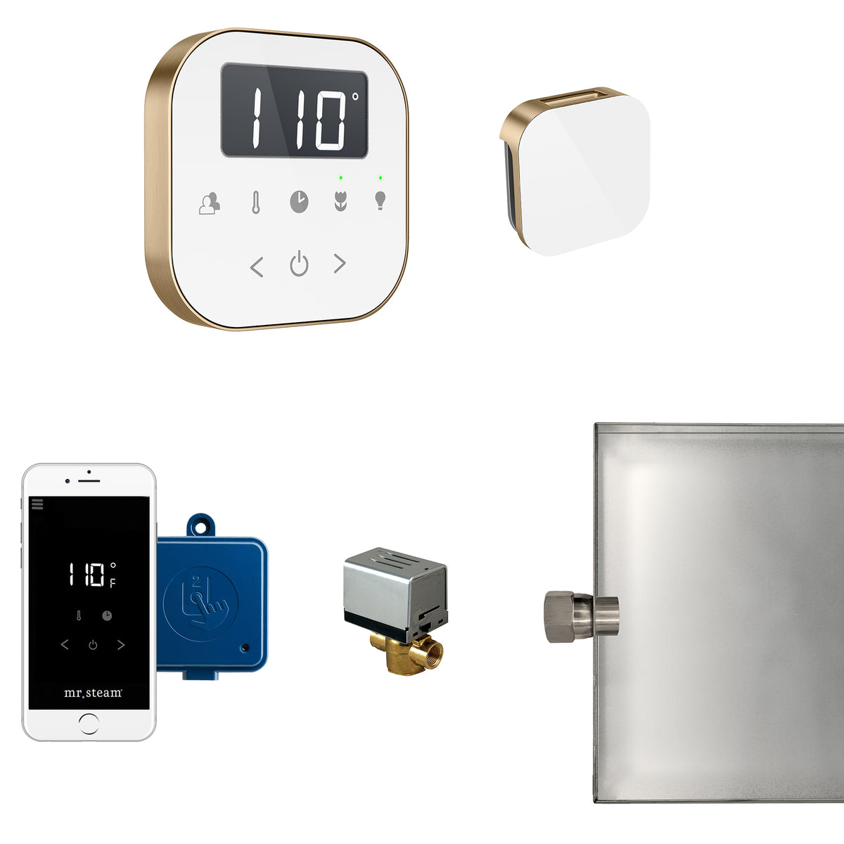 MrSteam - AirButler Steam Shower Control Package with AirTempo Control and Aroma Glass SteamHead in White Brushed Bronze
