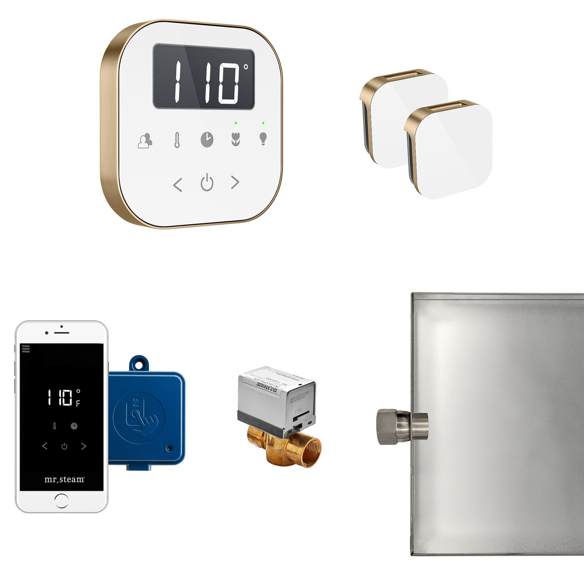 MrSteam - AirButler Max Steam Shower Control Package with AirTempo Control and Aroma Glass SteamHead in White Brushed Bronze