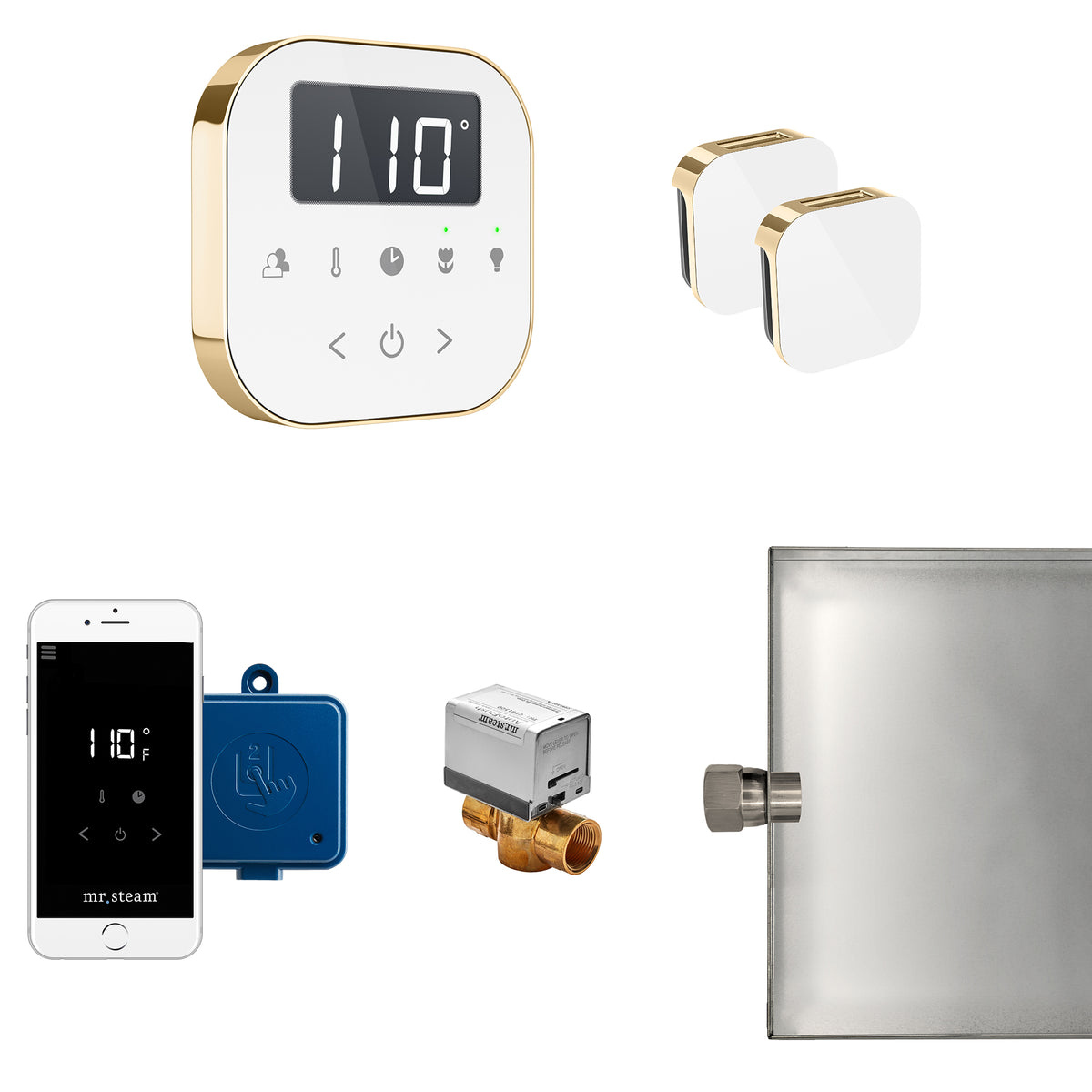 MrSteam - AirButler Max Steam Shower Control Package with AirTempo Control and Aroma Glass SteamHead in White Polished Brass