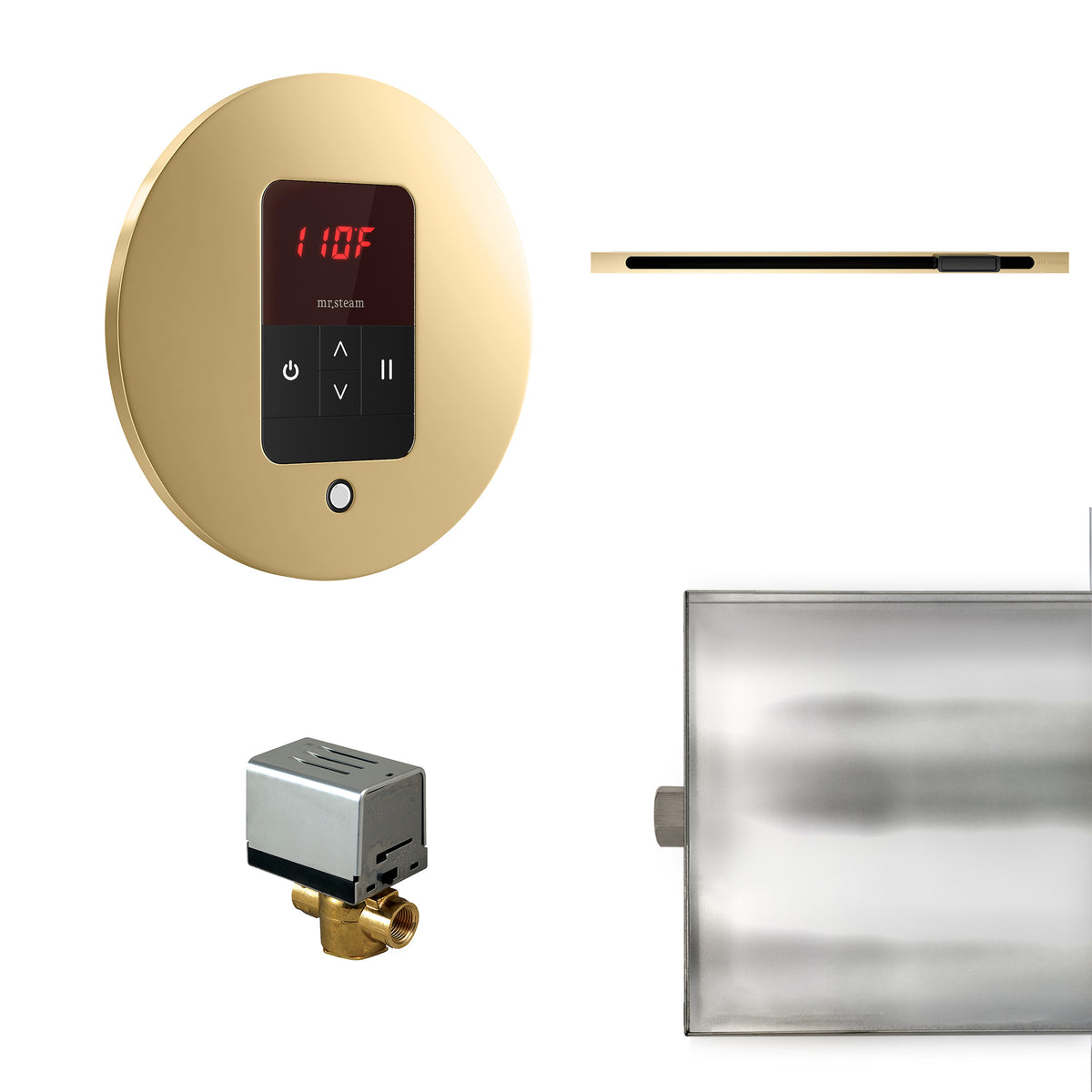 MrSteam - Basic Butler Linear Steam Shower Control Package with iTempo Control and Linear SteamHead in Round Polished Brass