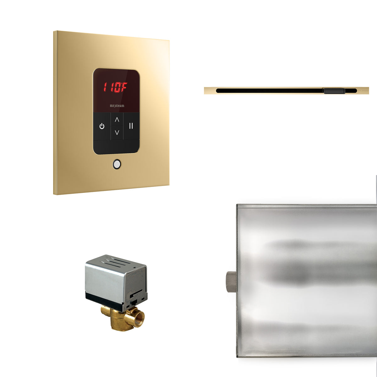MrSteam - Basic Butler Linear Steam Shower Control Package with iTempo Control and Linear SteamHead in Square Polished Brass