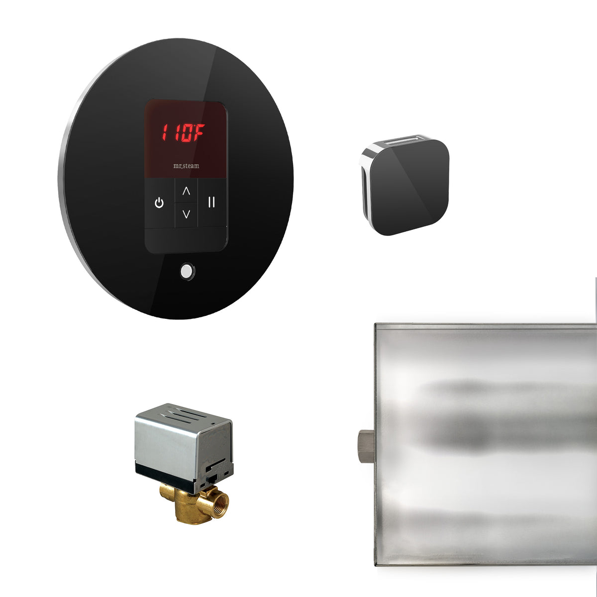 MrSteam - Basic Butler Steam Shower Control Package with iTempo Control and Aroma Designer SteamHead in Round Glass Black