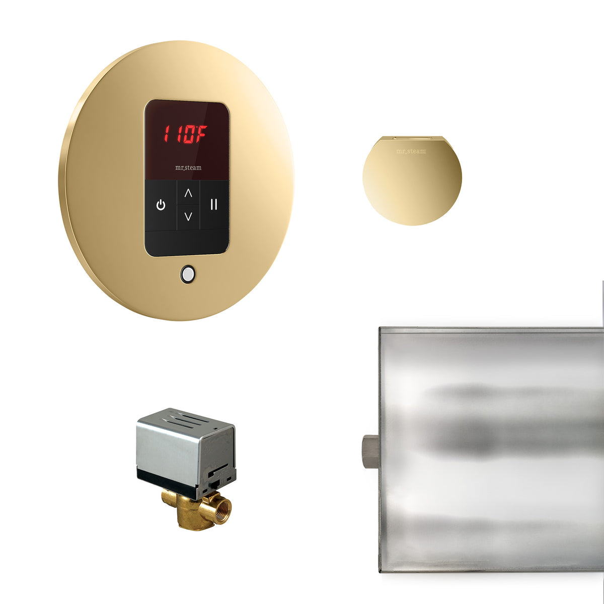 MrSteam - Basic Butler Steam Shower Control Package with iTempo Control and Aroma Designer SteamHead in Round Polished Brass