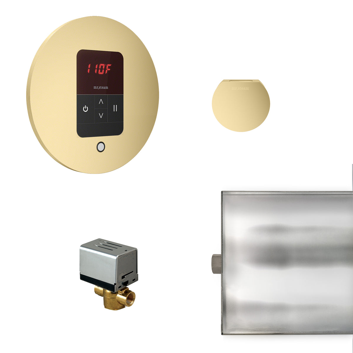 MrSteam - Basic Butler Steam Shower Control Package with iTempo Control and Aroma Designer SteamHead in Round Satin Brass