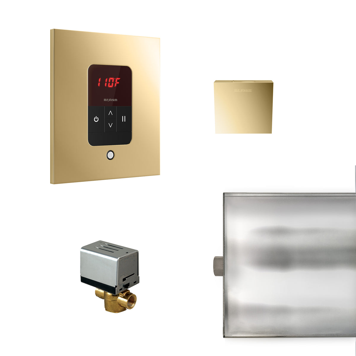MrSteam - Basic Butler Steam Shower Control Package with iTempo Control and Aroma Designer SteamHead in Square Polished Brass