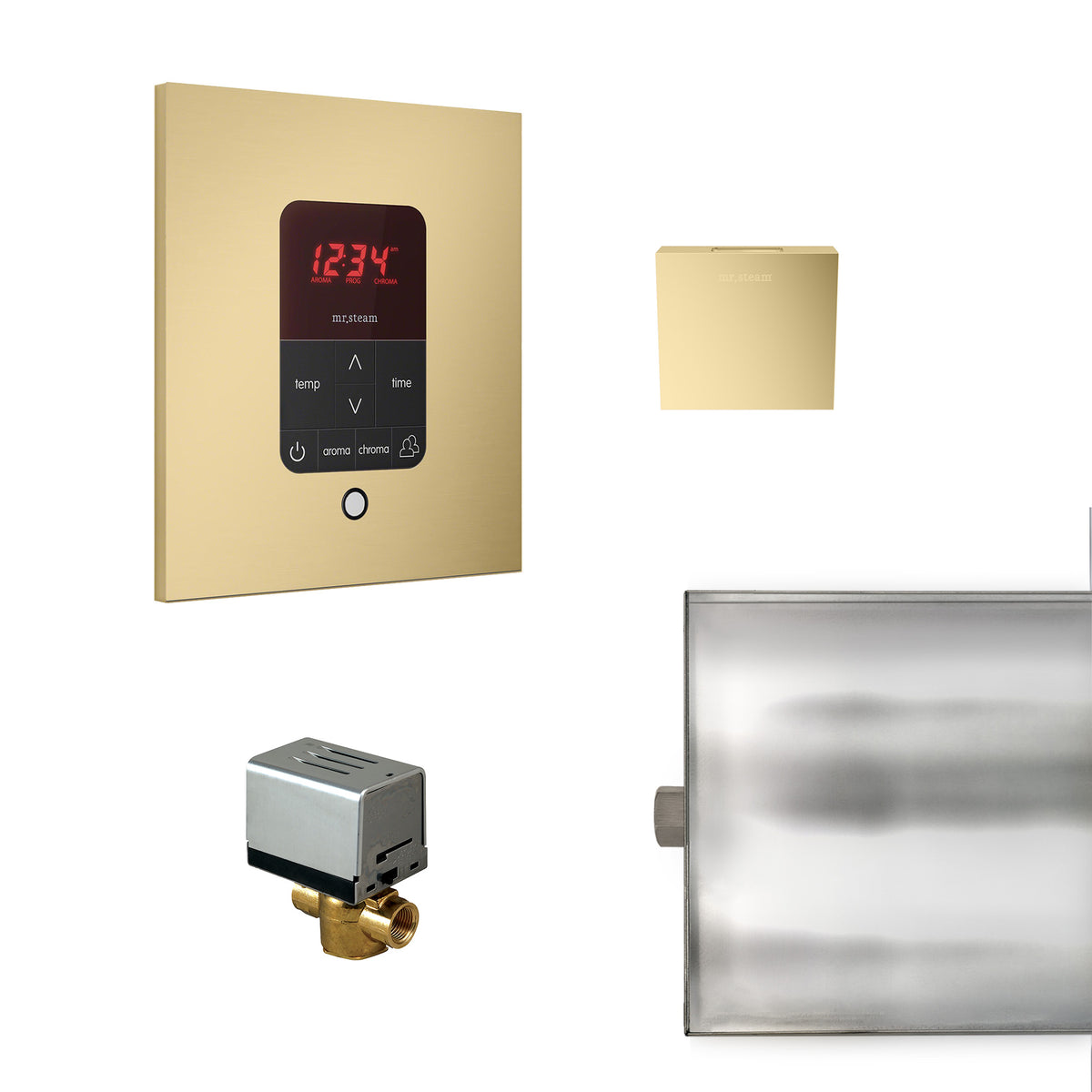 MrSteam - Basic Butler Steam Shower Control Package with iTempo Control and Aroma Designer SteamHead in Square Satin Brass