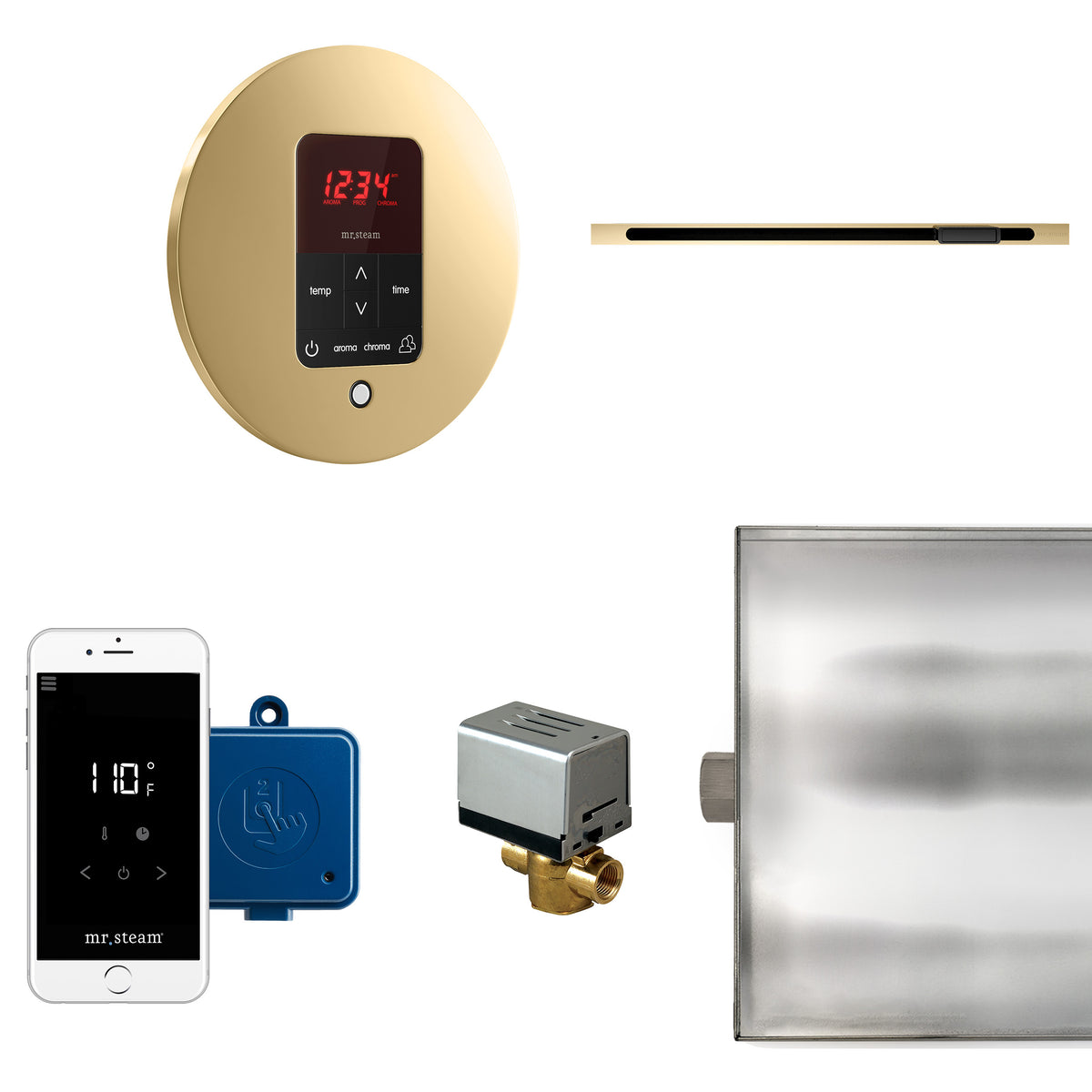 MrSteam - Butler Linear Steam Shower Control Package with iTempoPlus Control and Linear SteamHead in Round Polished Brass