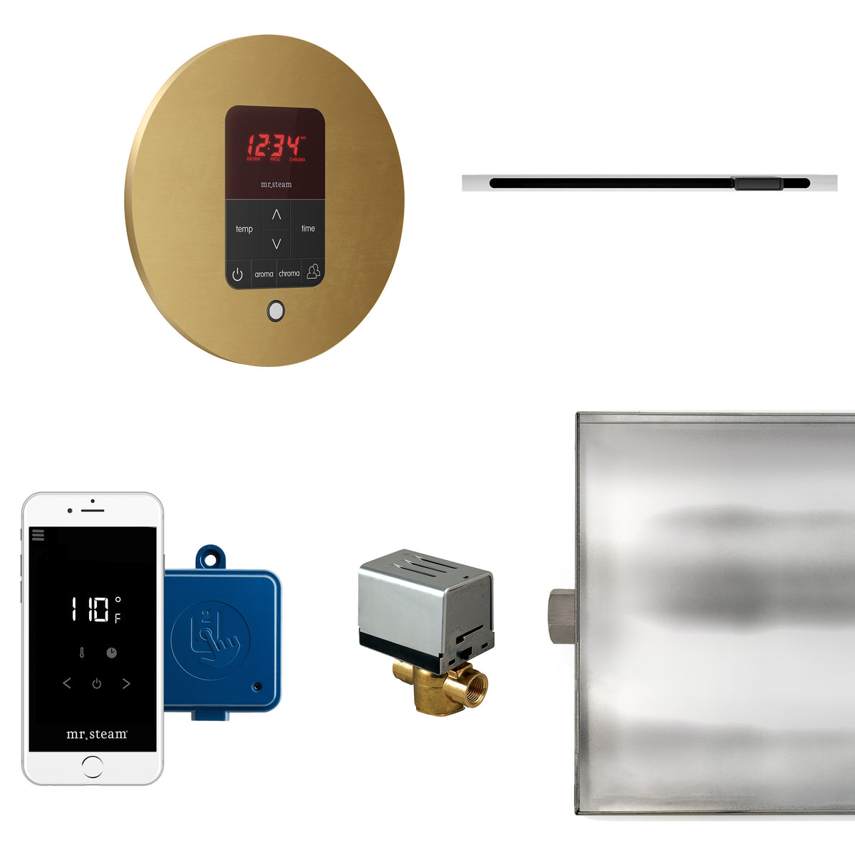 MrSteam - Butler Linear Steam Shower Control Package with iTempoPlus Control and Linear SteamHead in Round Custom Plated/Unfinished
