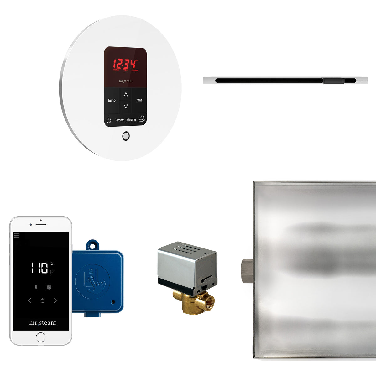 MrSteam - Butler Linear Steam Shower Control Package with iTempoPlus Control and Linear SteamHead in Round Glass White