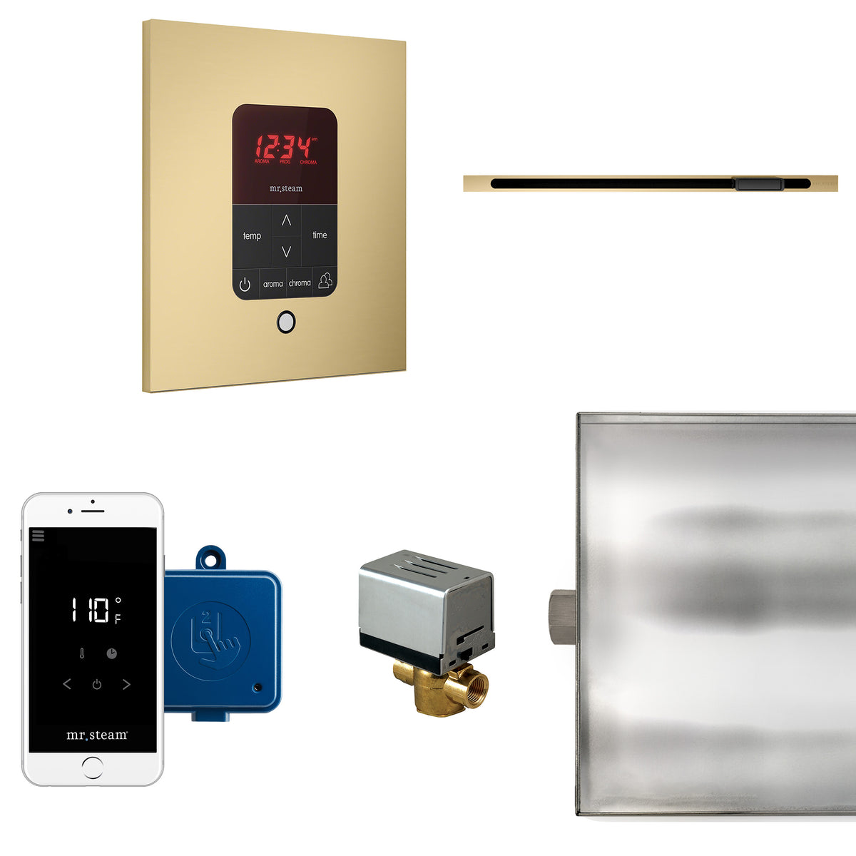 MrSteam - Butler Linear Steam Shower Control Package with iTempoPlus Control and Linear SteamHead in Square Satin Brass