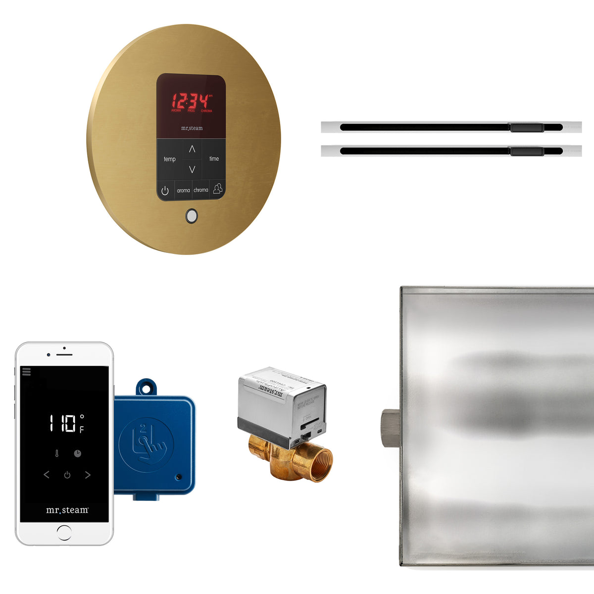 MrSteam - Butler Max Linear Steam Shower Control Package with iTempoPlus Control and Linear SteamHead in Round Custom Plated/Unfinished