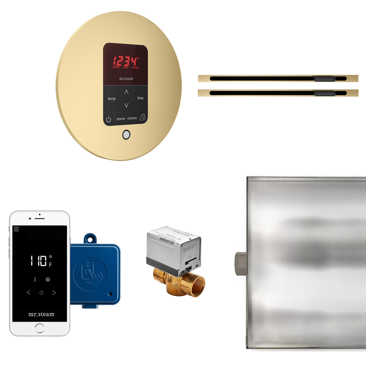 MrSteam - Butler Max Linear Steam Shower Control Package with iTempoPlus Control and Linear SteamHead in Round Satin Brass