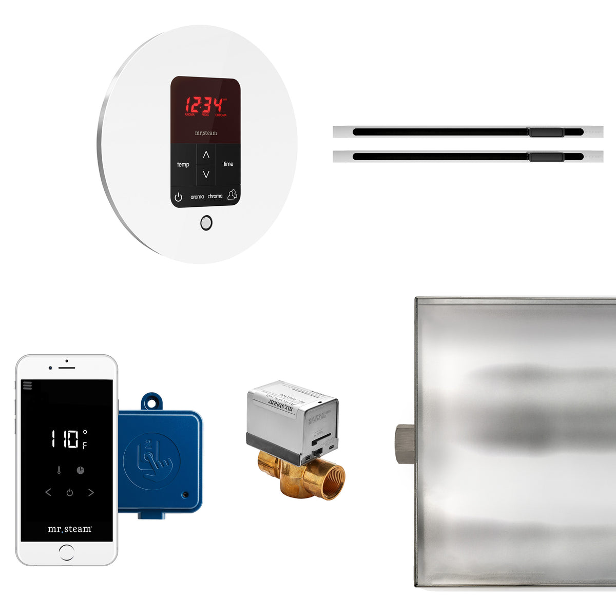 MrSteam - Butler Max Linear Steam Shower Control Package with iTempoPlus Control and Linear SteamHead in Round Glass White