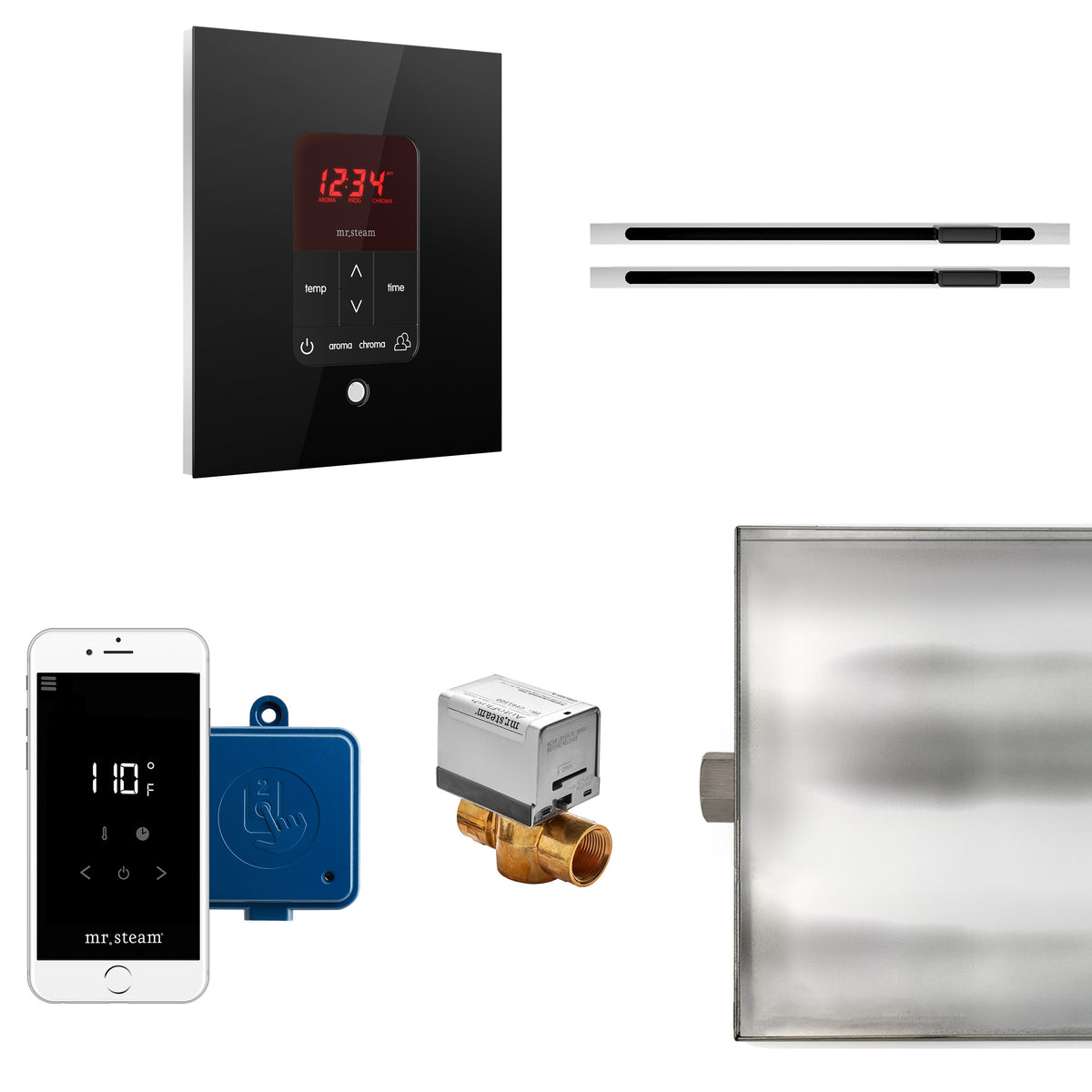 MrSteam - Butler Max Linear Steam Shower Control Package with iTempoPlus Control and Linear SteamHead in Square Glass Black
