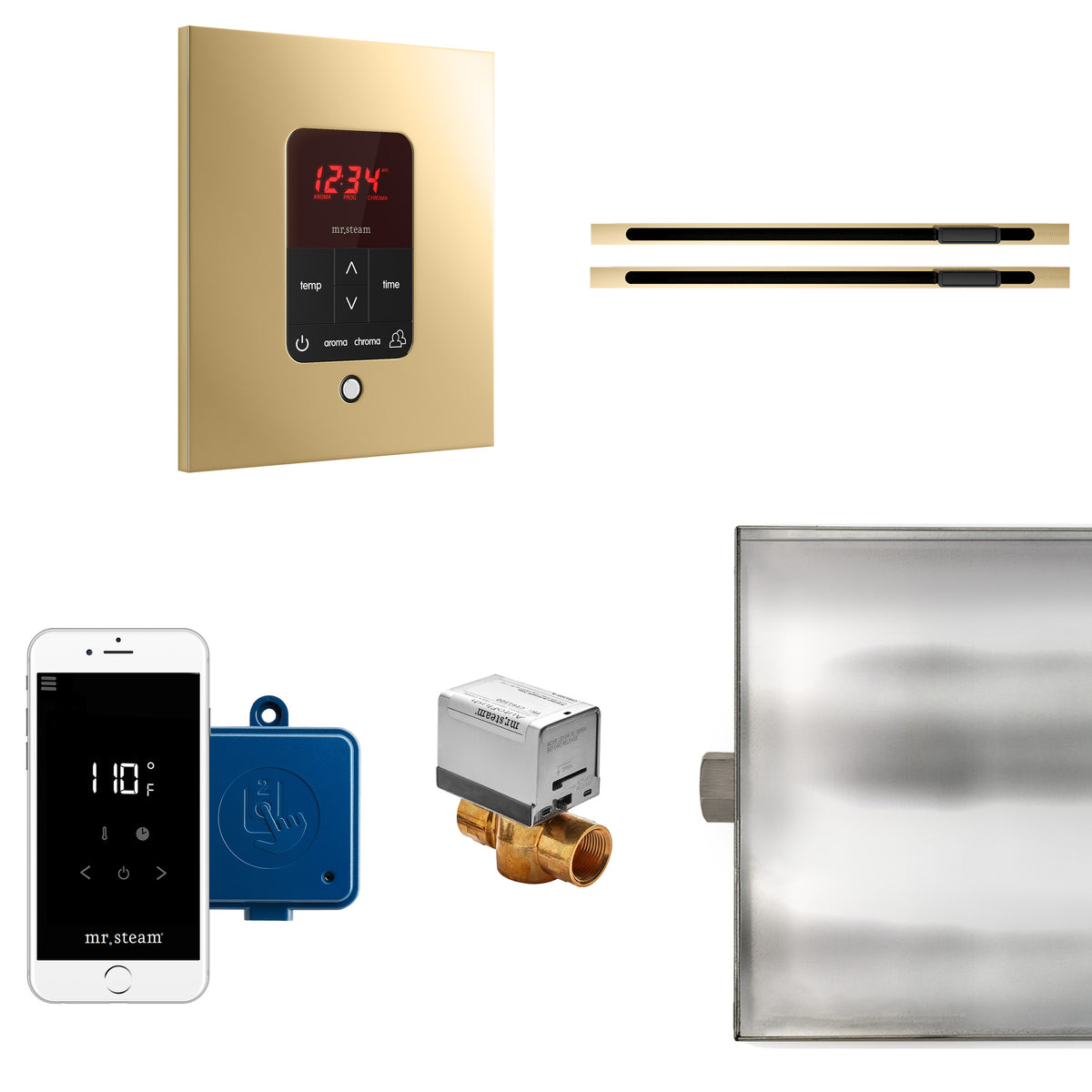 MrSteam - Butler Max Linear Steam Shower Control Package with iTempoPlus Control and Linear SteamHead in Square Polished Brass