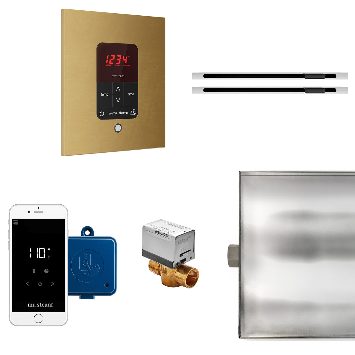 MrSteam - Butler Max Linear Steam Shower Control Package with iTempoPlus Control and Linear SteamHead in Square Custom Plated/Unfinished