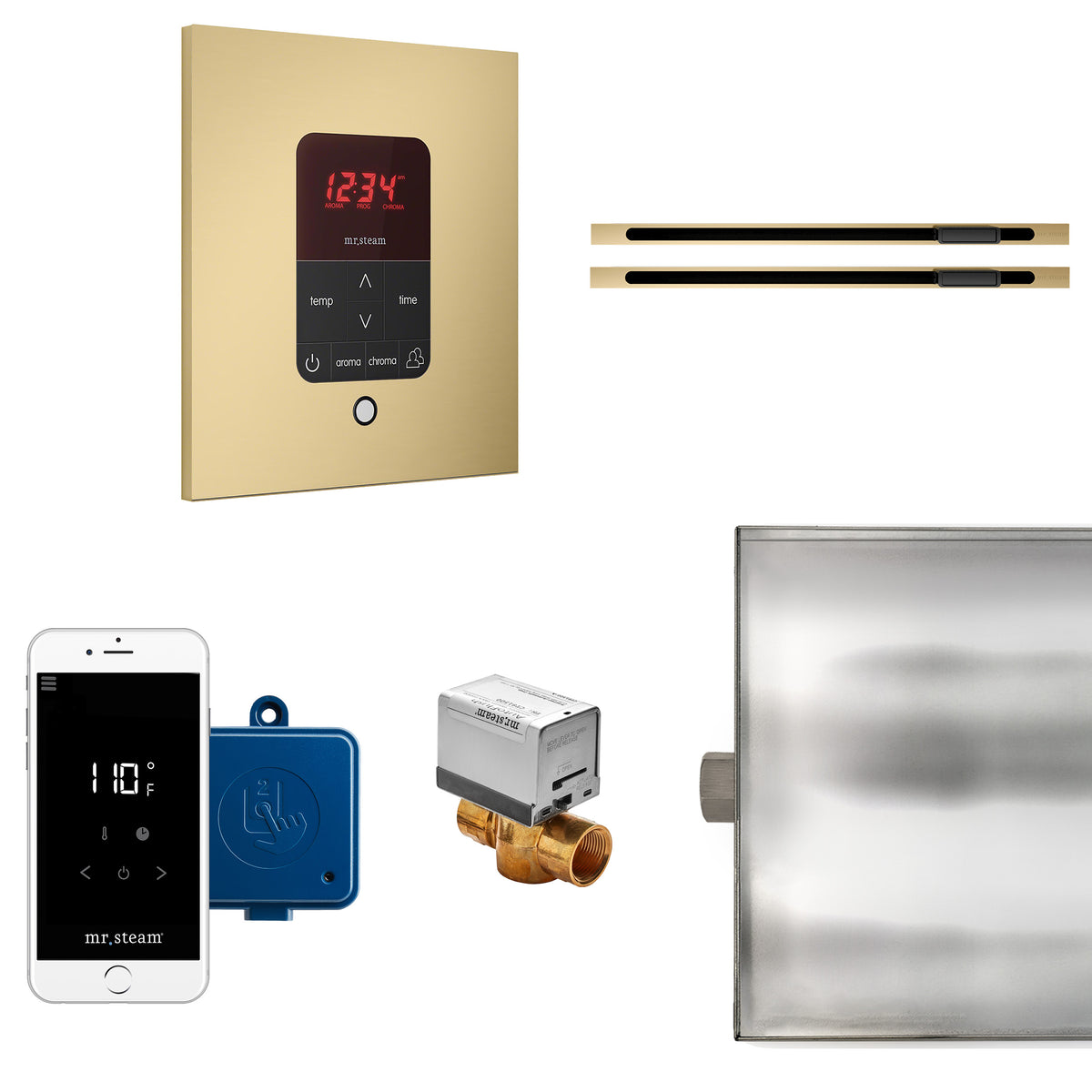 MrSteam - Butler Max Linear Steam Shower Control Package with iTempoPlus Control and Linear SteamHead in Square Satin Brass