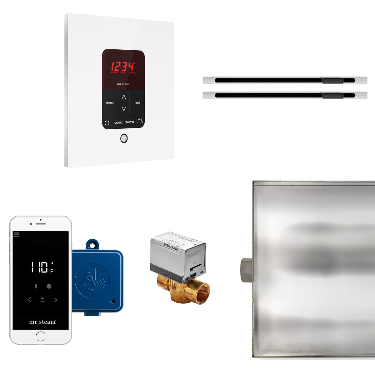 MrSteam - Butler Max Linear Steam Shower Control Package with iTempoPlus Control and Linear SteamHead in Square Glass White