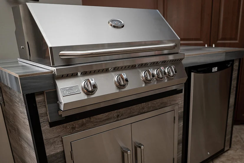 KoKoMo - Elite 6&#39; BBQ Island With Built In BBQ Grill Drift Wood Look Siding 30 Inch Doors