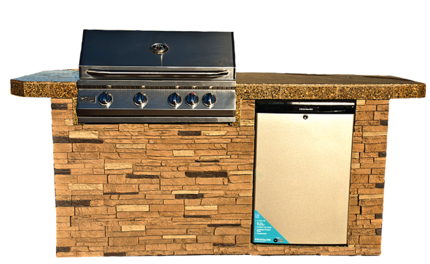 KoKoMo - St. John 7&#39;6&quot; BBQ Island with Bar on Three Sides and 4 Burner Built In BBQ Grill